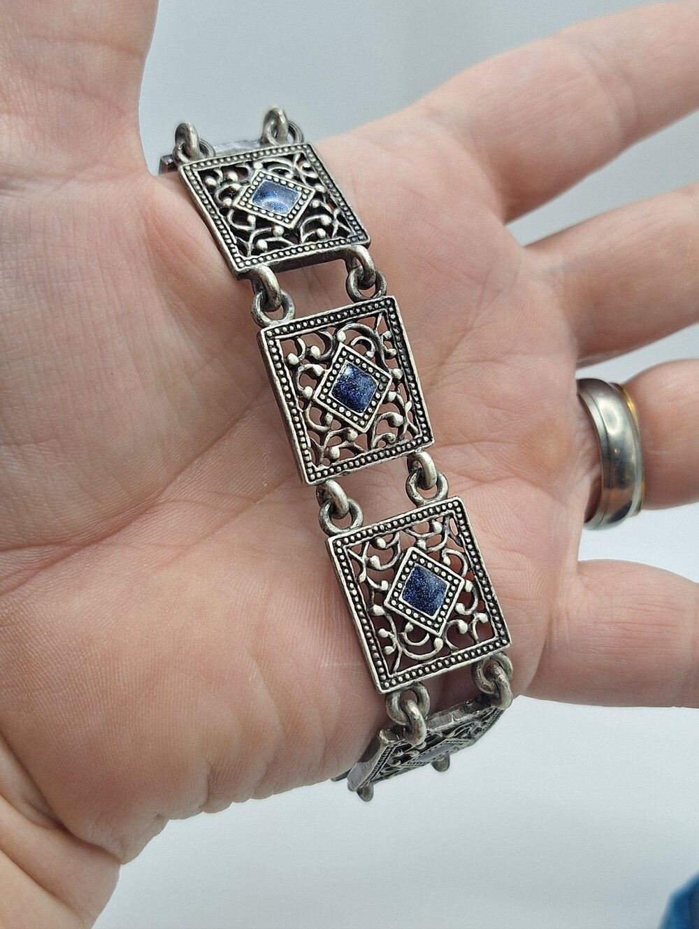 Antiqued Silver Tone Blue Sparkle Filigree Link Bracelet Boho